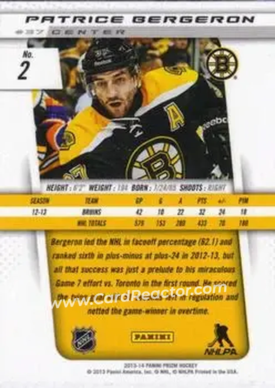 2013-14 Panini Prizm #2 - Patrice Bergeron - Boston Bruins - Back