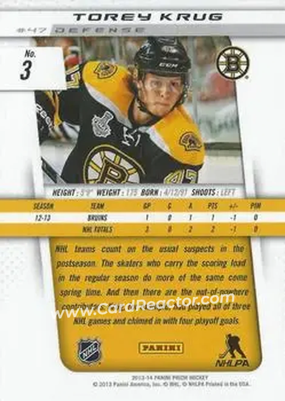 2013-14 Panini Prizm #3 - Torey Krug - Boston Bruins - Back