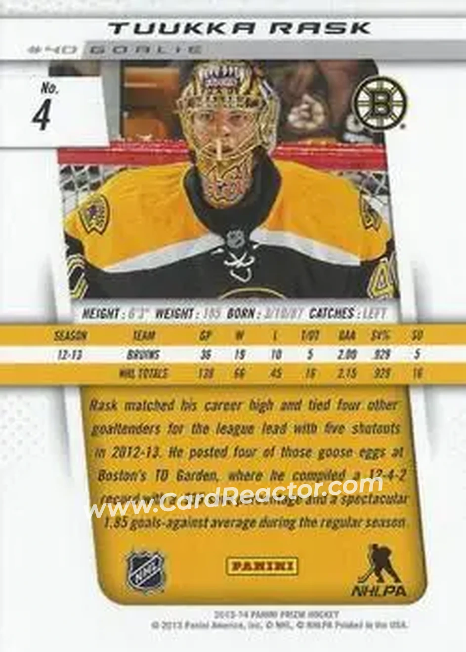 2013-14 Panini Prizm #4 - Tuukka Rask - Boston Bruins - Back