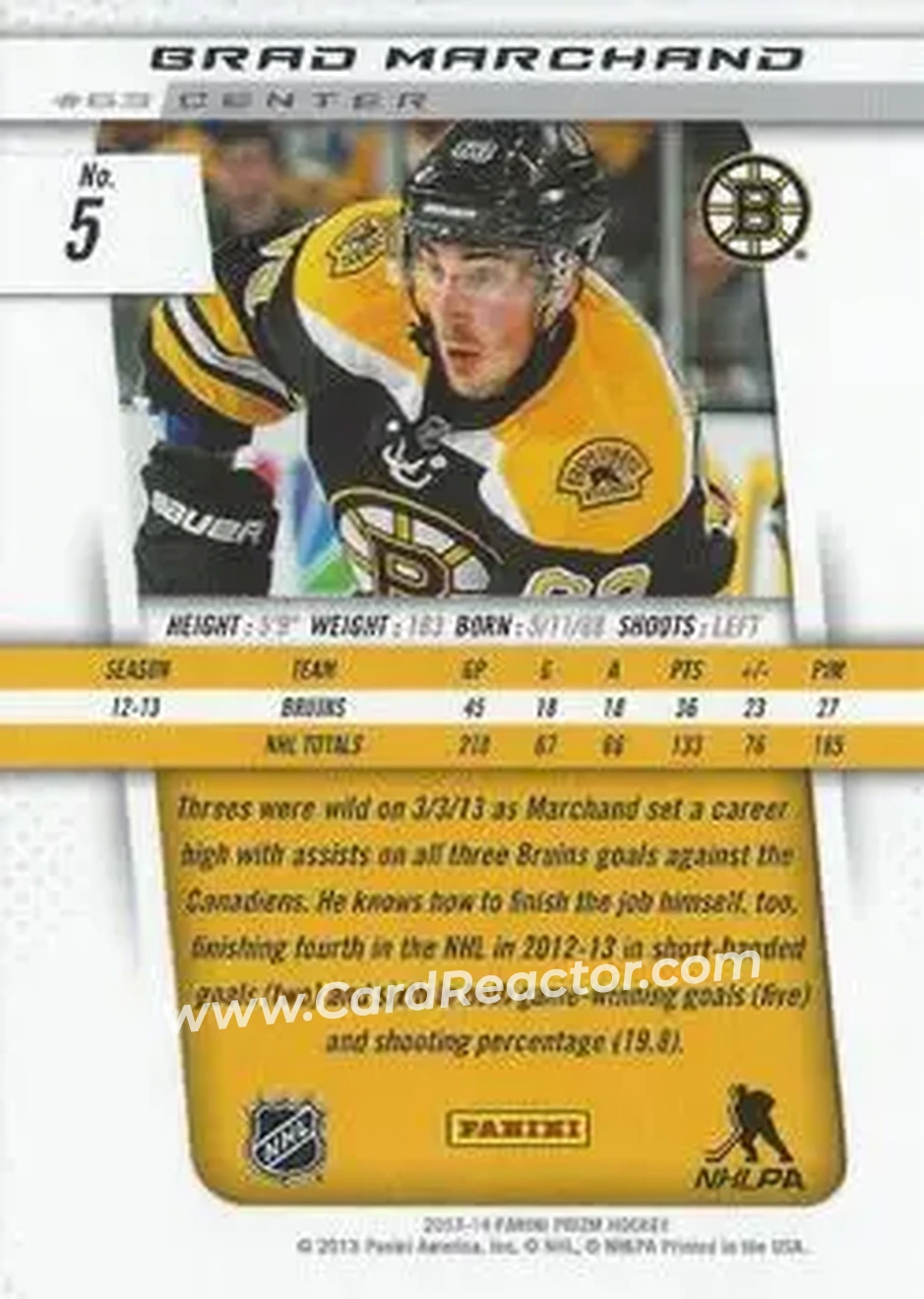 2013-14 Panini Prizm #5 - Brad Marchand - Boston Bruins - Back