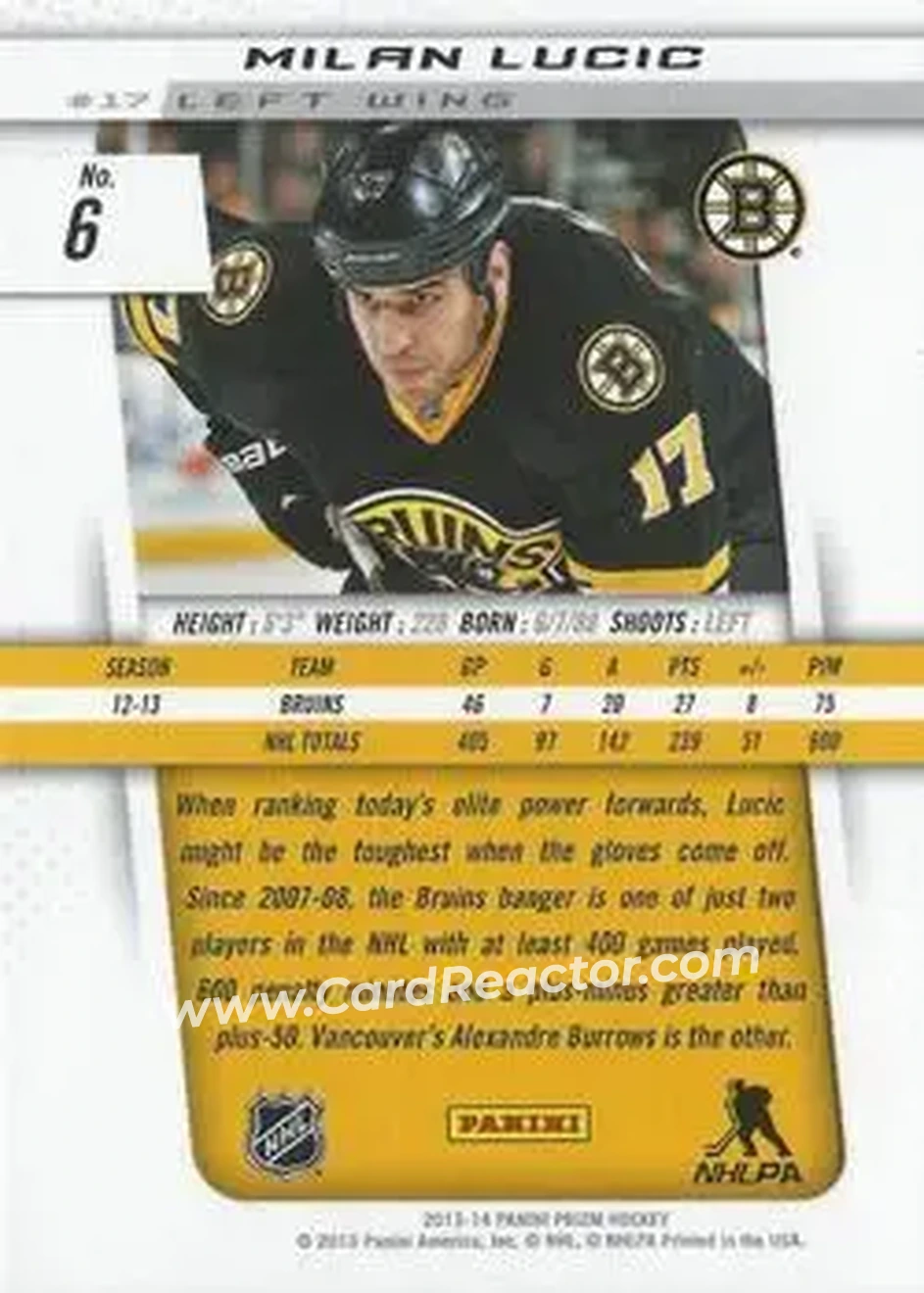 2013-14 Panini Prizm #6 - Milan Lucic - Boston Bruins - Back