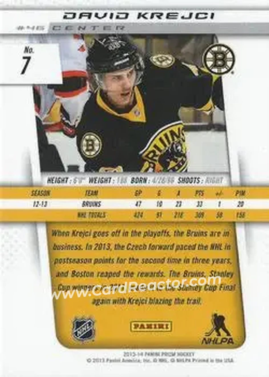 2013-14 Panini Prizm #7 - David Krejci - Boston Bruins - Back