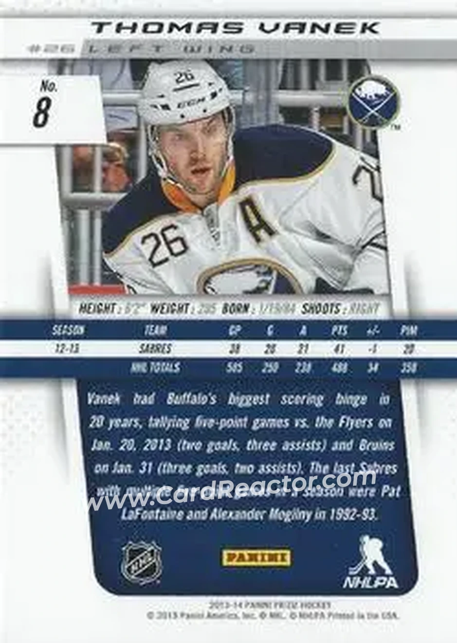 2013-14 Panini Prizm #8 - Thomas Vanek - Buffalo Sabres - Back