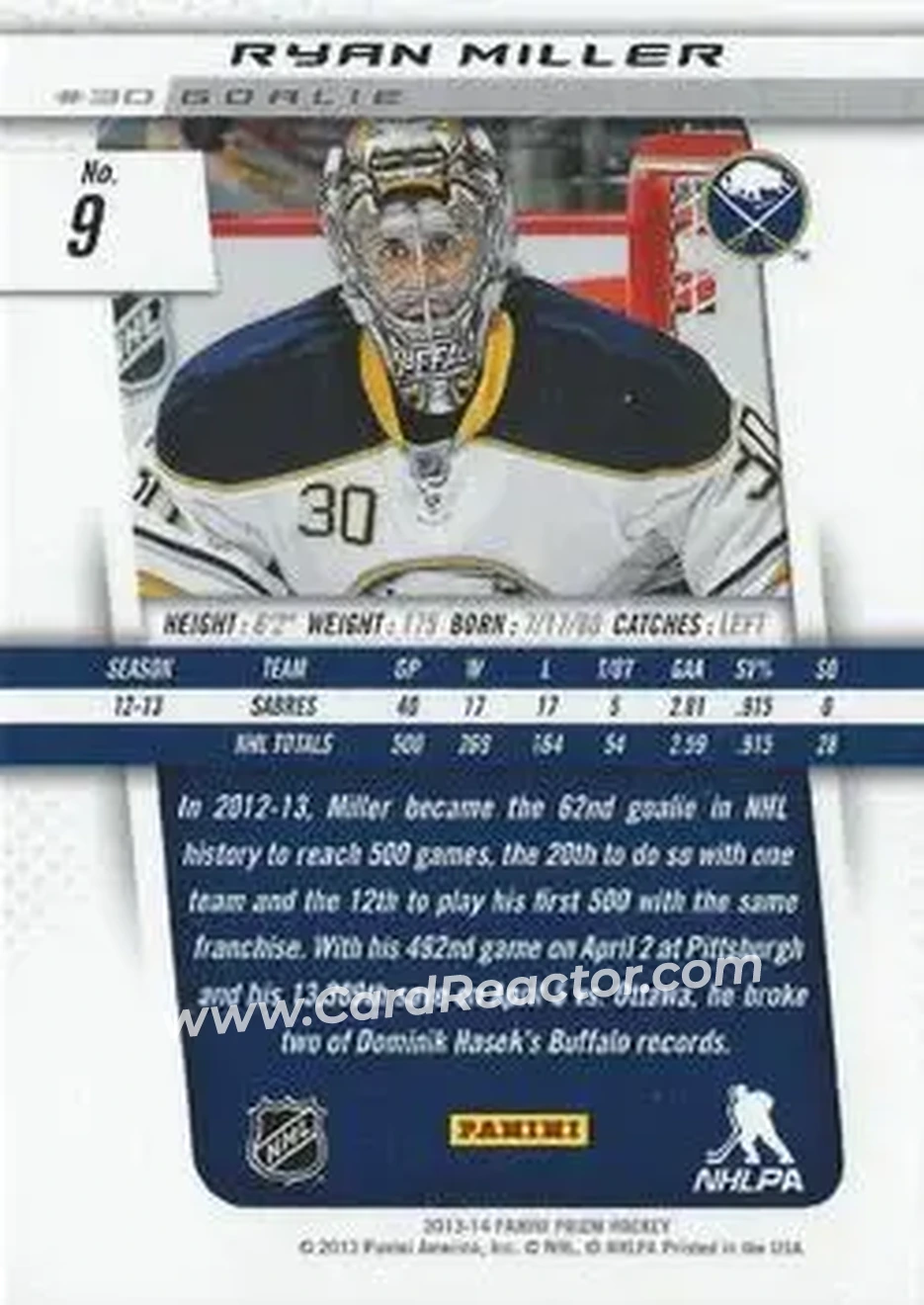 2013-14 Panini Prizm #9 - Ryan Miller - Buffalo Sabres - Back