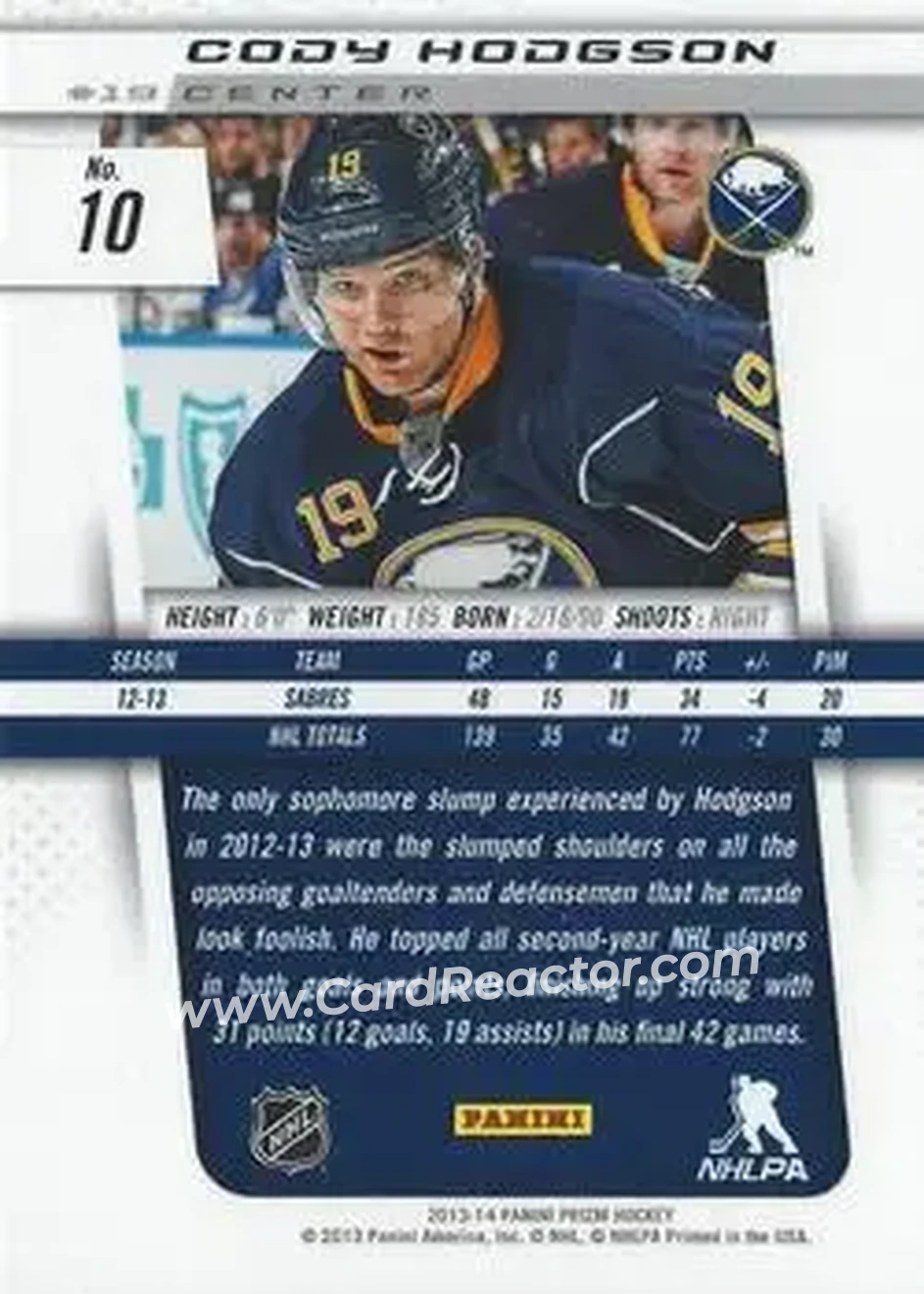 2013-14 Panini Prizm #10 - Cody Hodgson - Buffalo Sabres - Back