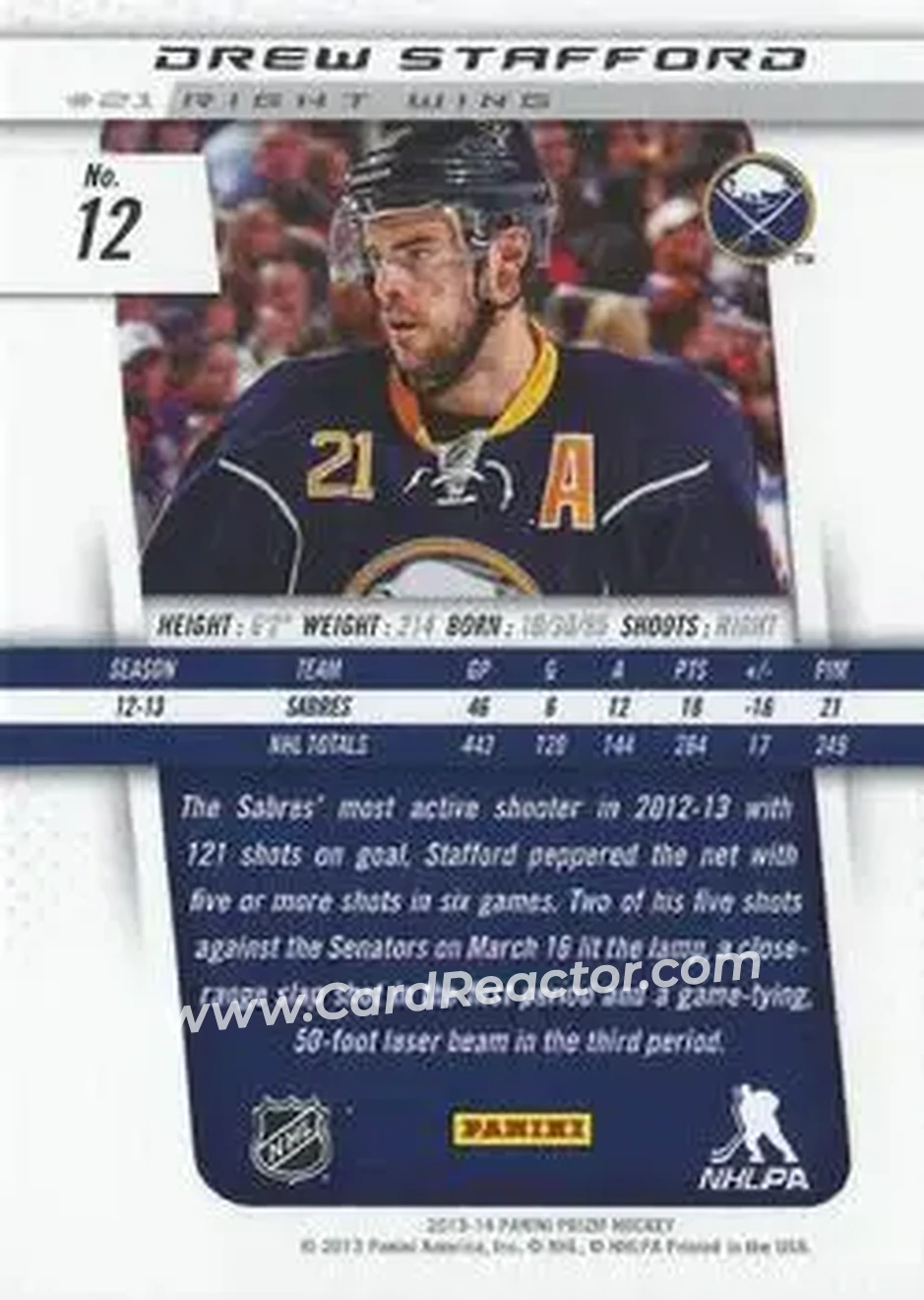 2013-14 Panini Prizm #12 - Drew Stafford - Buffalo Sabres - Back
