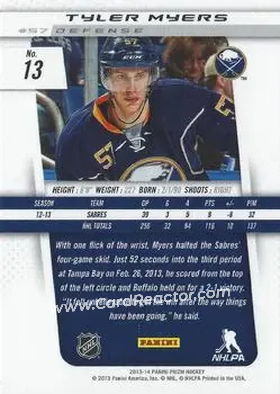 2013-14 Panini Prizm #13 - Tyler Myers - Buffalo Sabres - Back