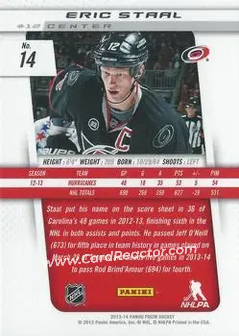 2013-14 Panini Prizm #14 - Eric Staal - Carolina Hurricanes - Back
