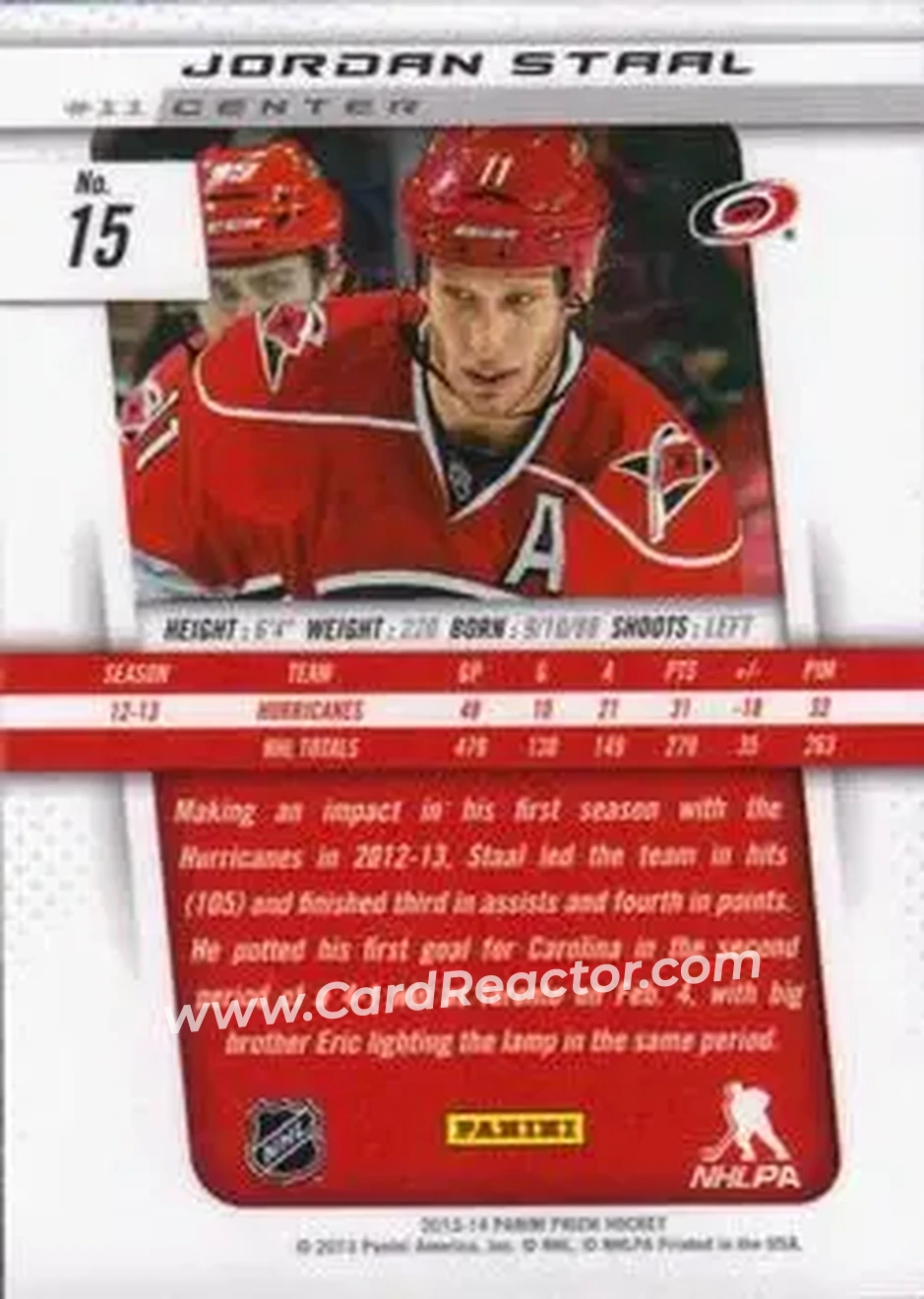 2013-14 Panini Prizm #15 - Jordan Staal - Carolina Hurricanes - Back