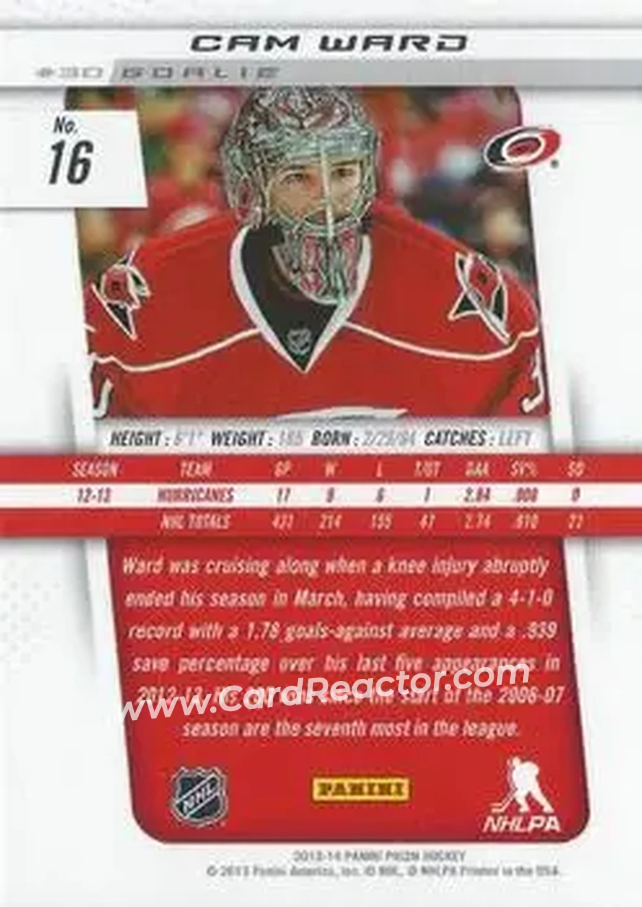 2013-14 Panini Prizm #16 - Cam Ward - Carolina Hurricanes - Back