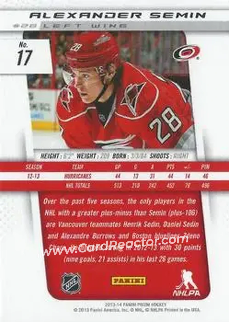 2013-14 Panini Prizm #17 - Alexander Semin - Carolina Hurricanes - Back