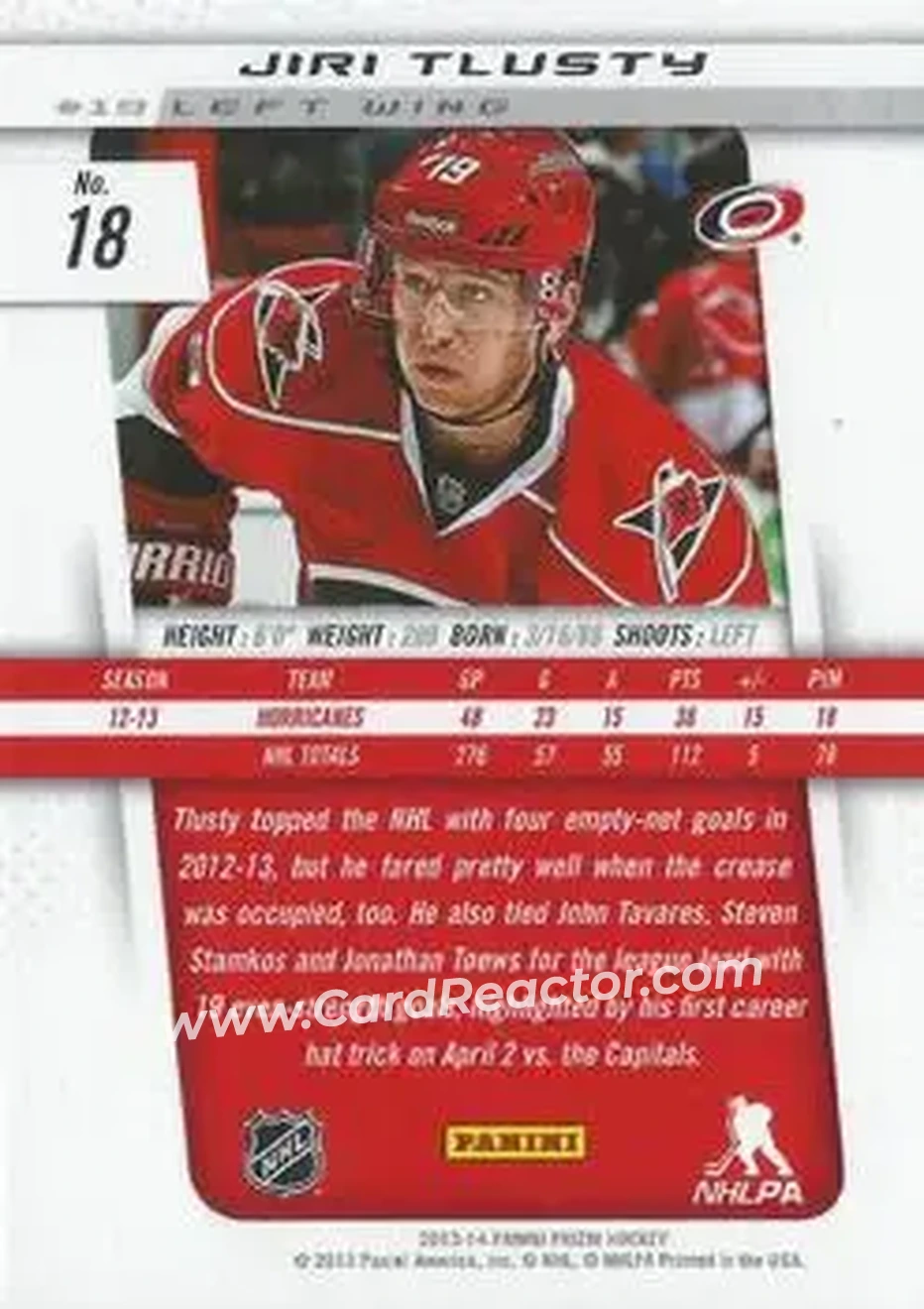 2013-14 Panini Prizm #18 - Jiri Tlusty - Carolina Hurricanes - Back