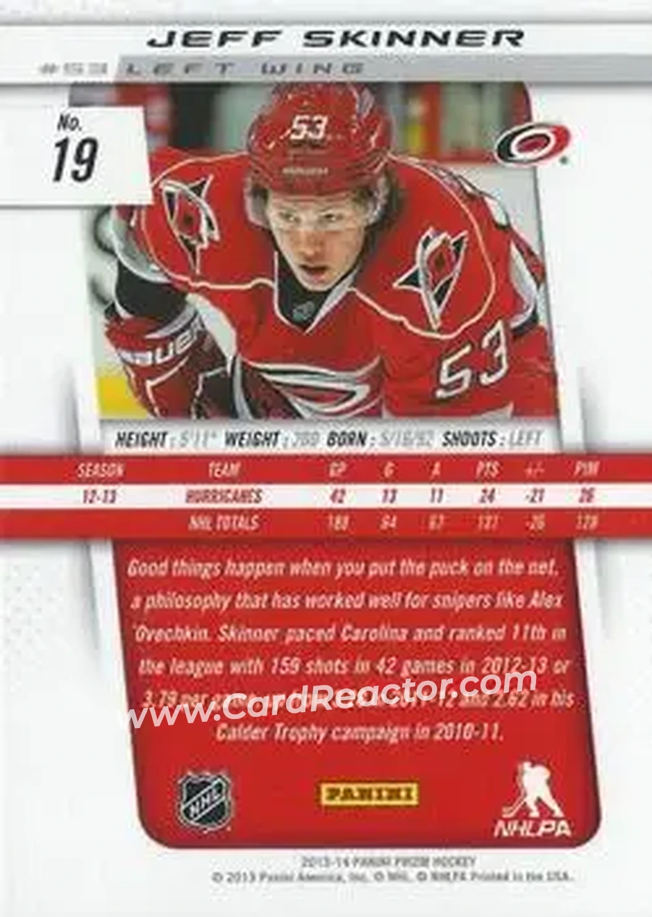 2013-14 Panini Prizm #19 - Jeff Skinner - Carolina Hurricanes - Back