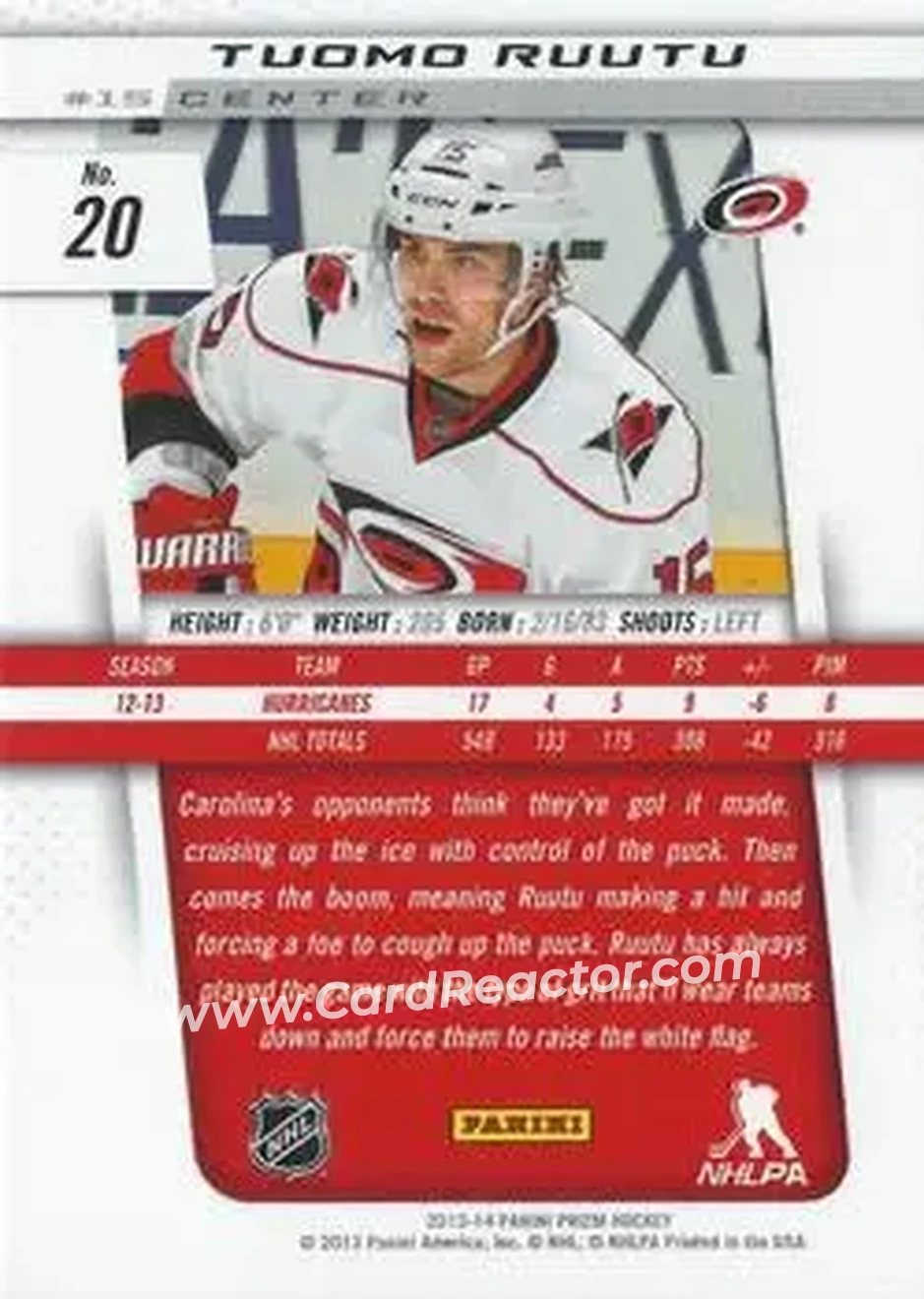 2013-14 Panini Prizm #20 - Tuomo Ruutu - Carolina Hurricanes - Back