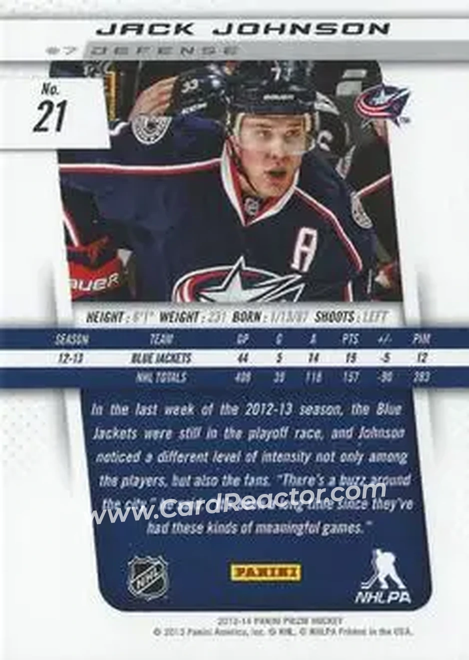 2013-14 Panini Prizm #21 - Jack Johnson - Columbus Blue Jackets - Back