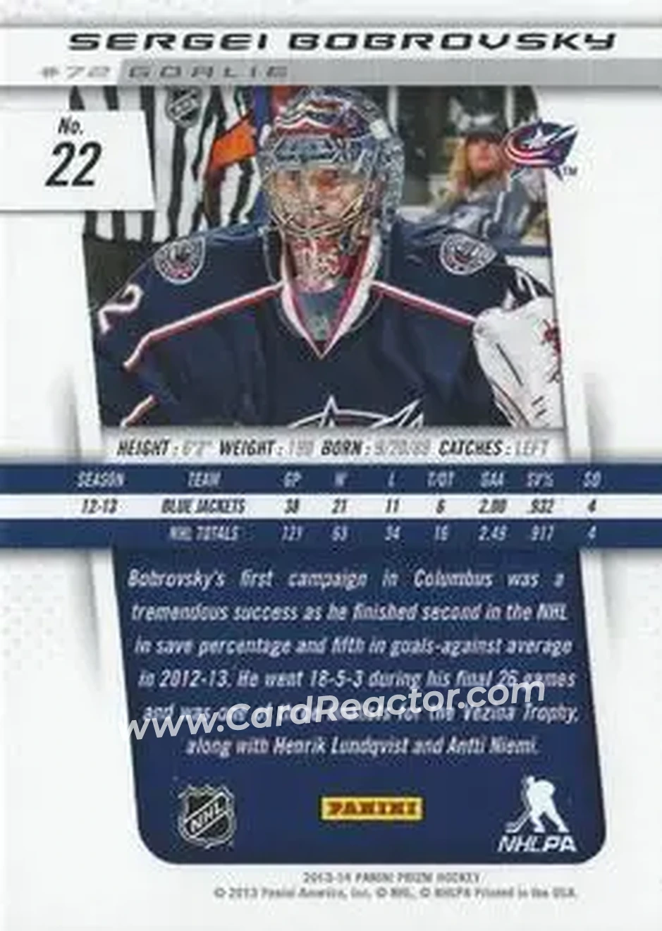 2013-14 Panini Prizm #22 - Sergei Bobrovsky - Columbus Blue Jackets - Back