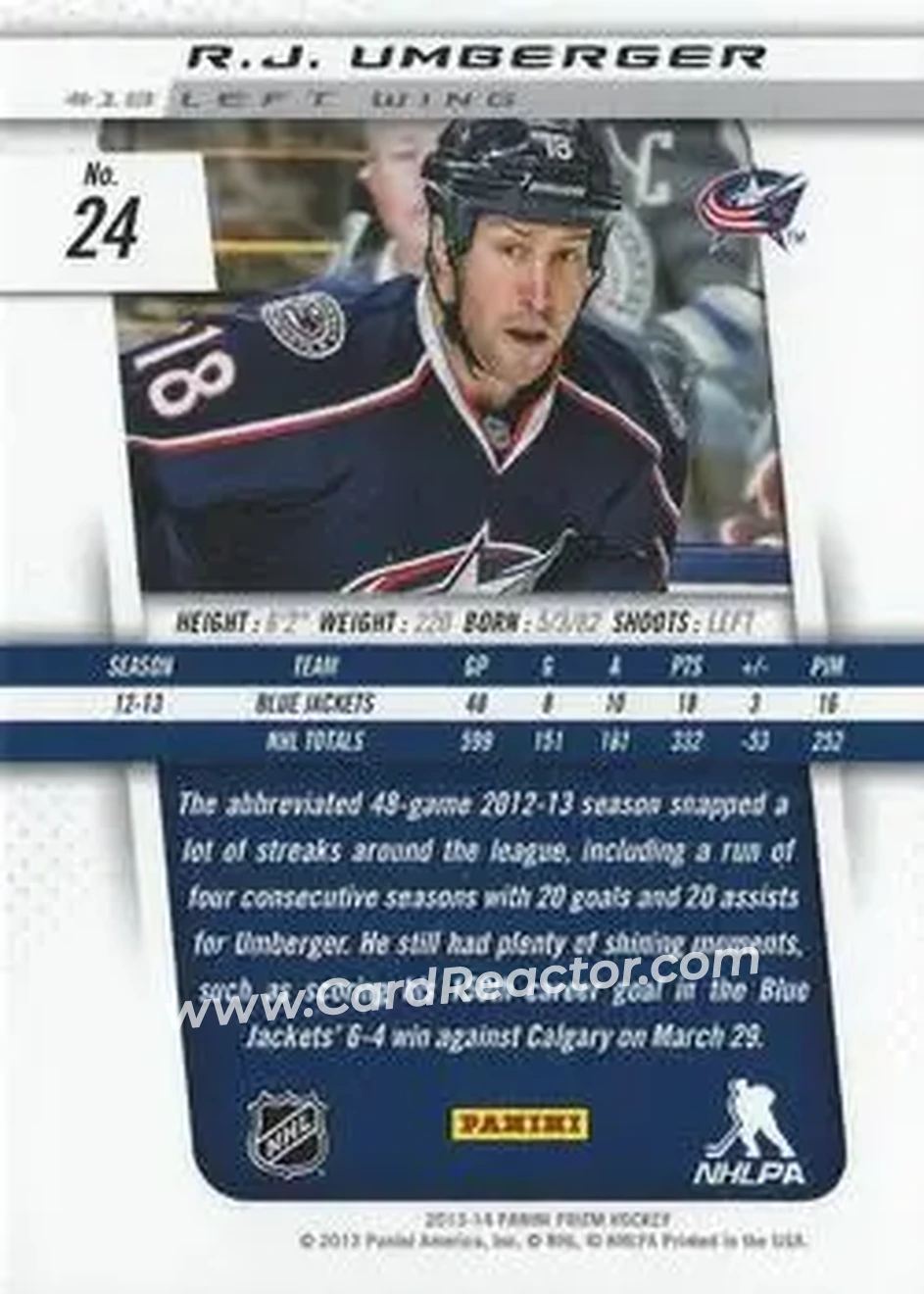 2013-14 Panini Prizm #24 - R.J. Umberger - Columbus Blue Jackets - Back