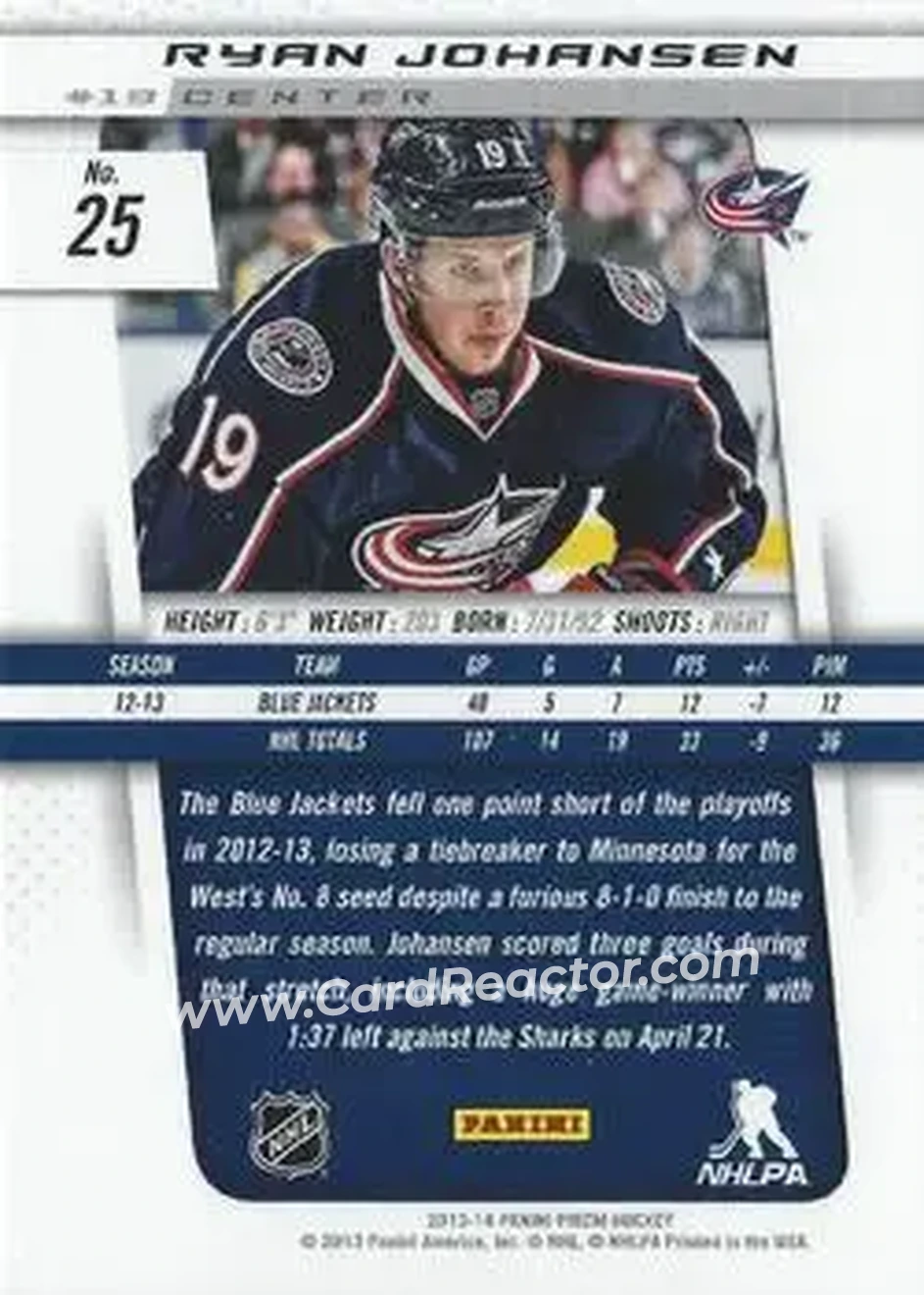2013-14 Panini Prizm #25 - Ryan Johansen - Columbus Blue Jackets - Back