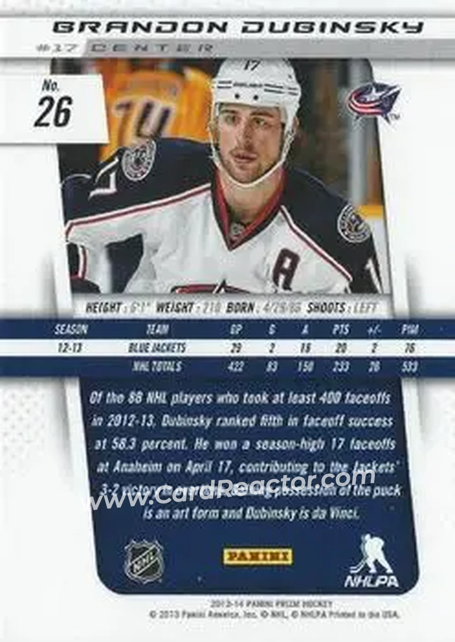 2013-14 Panini Prizm #26 - Brandon Dubinsky - Columbus Blue Jackets - Back