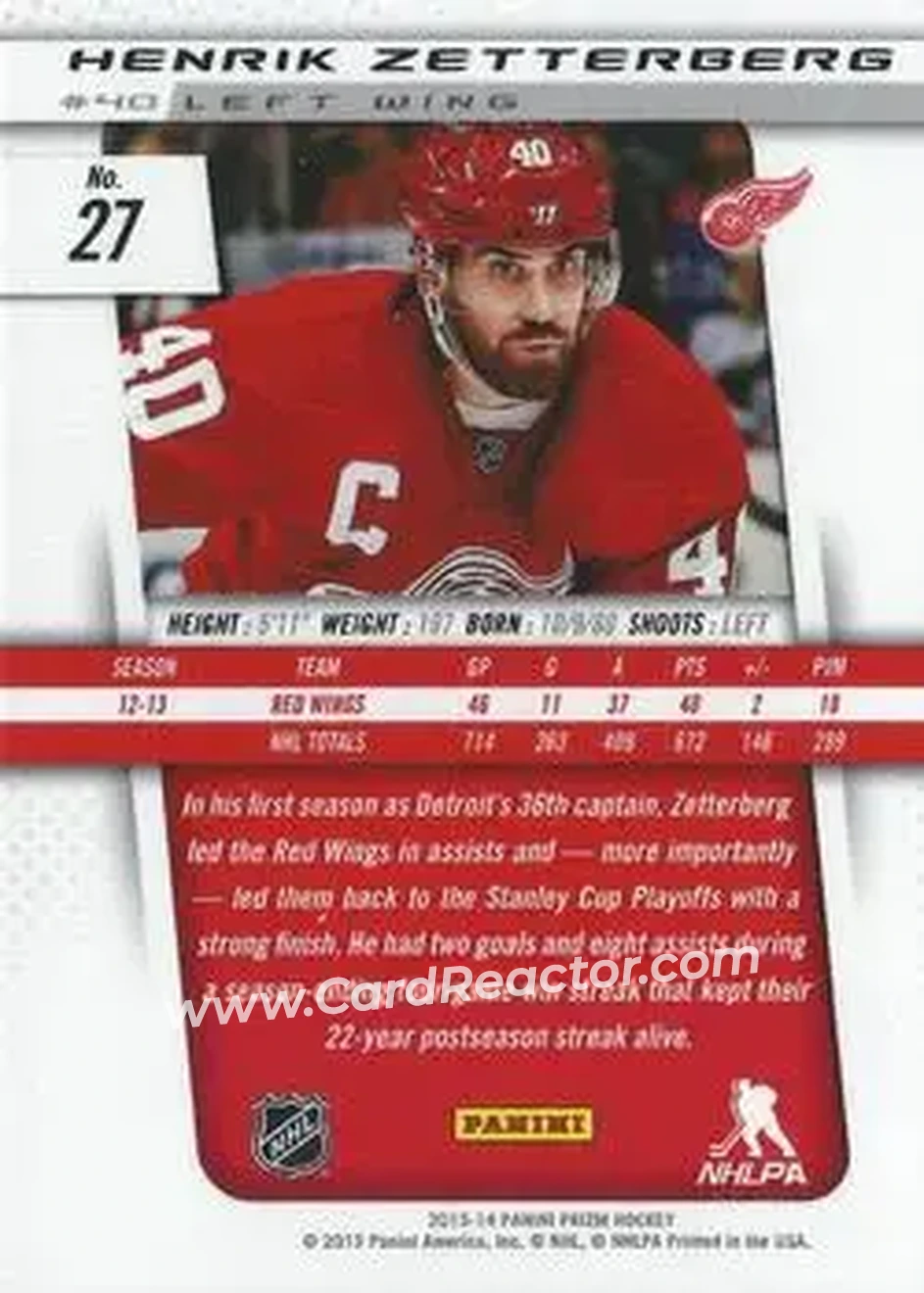 2013-14 Panini Prizm #27 - Henrik Zetterberg - Detroit Red Wings - Back