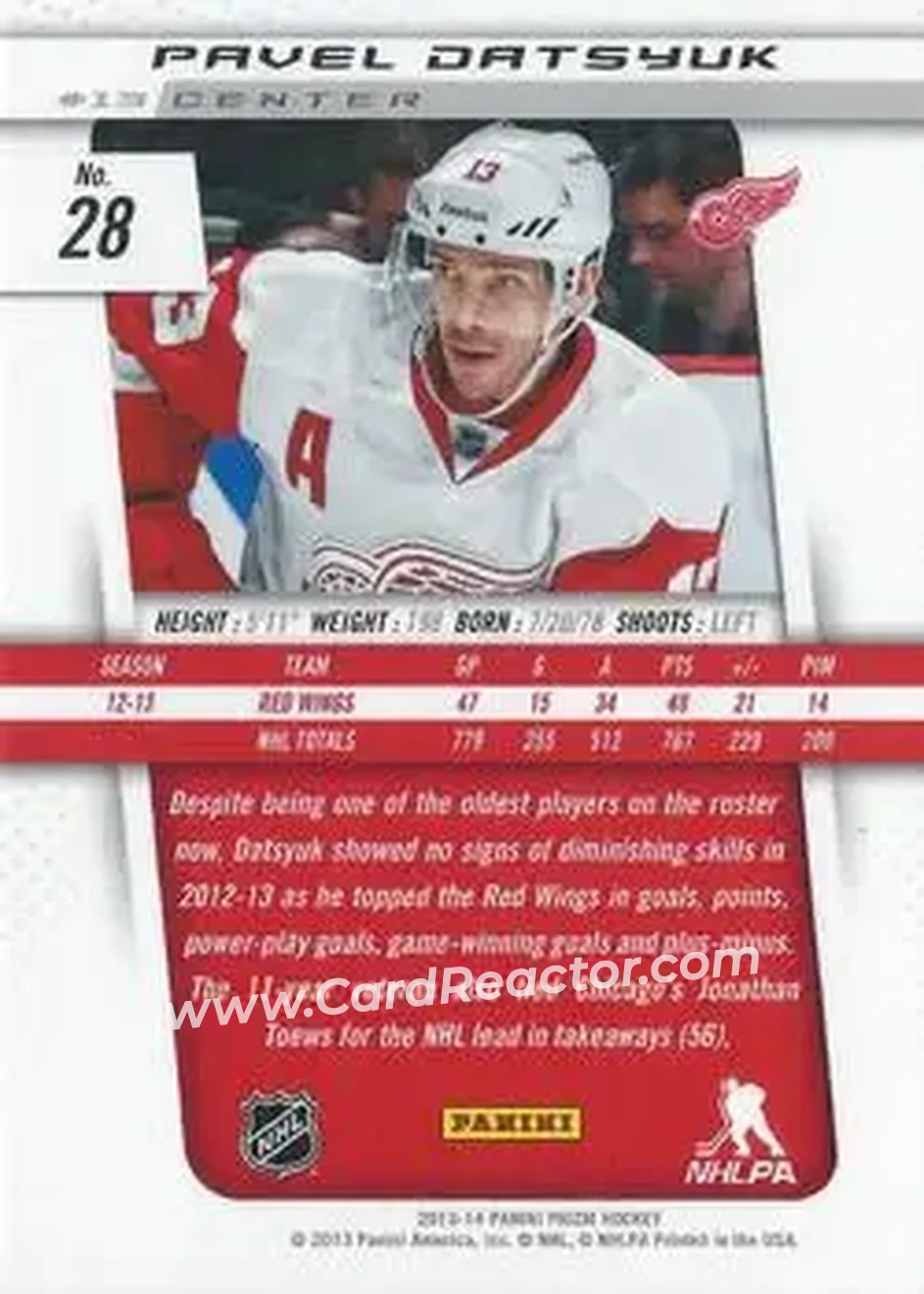2013-14 Panini Prizm #28 - Pavel Datsyuk - Detroit Red Wings - Back 2013-14 Panini Prizm #28 - Pavel Datsyuk - Detroit Red Wings - Back