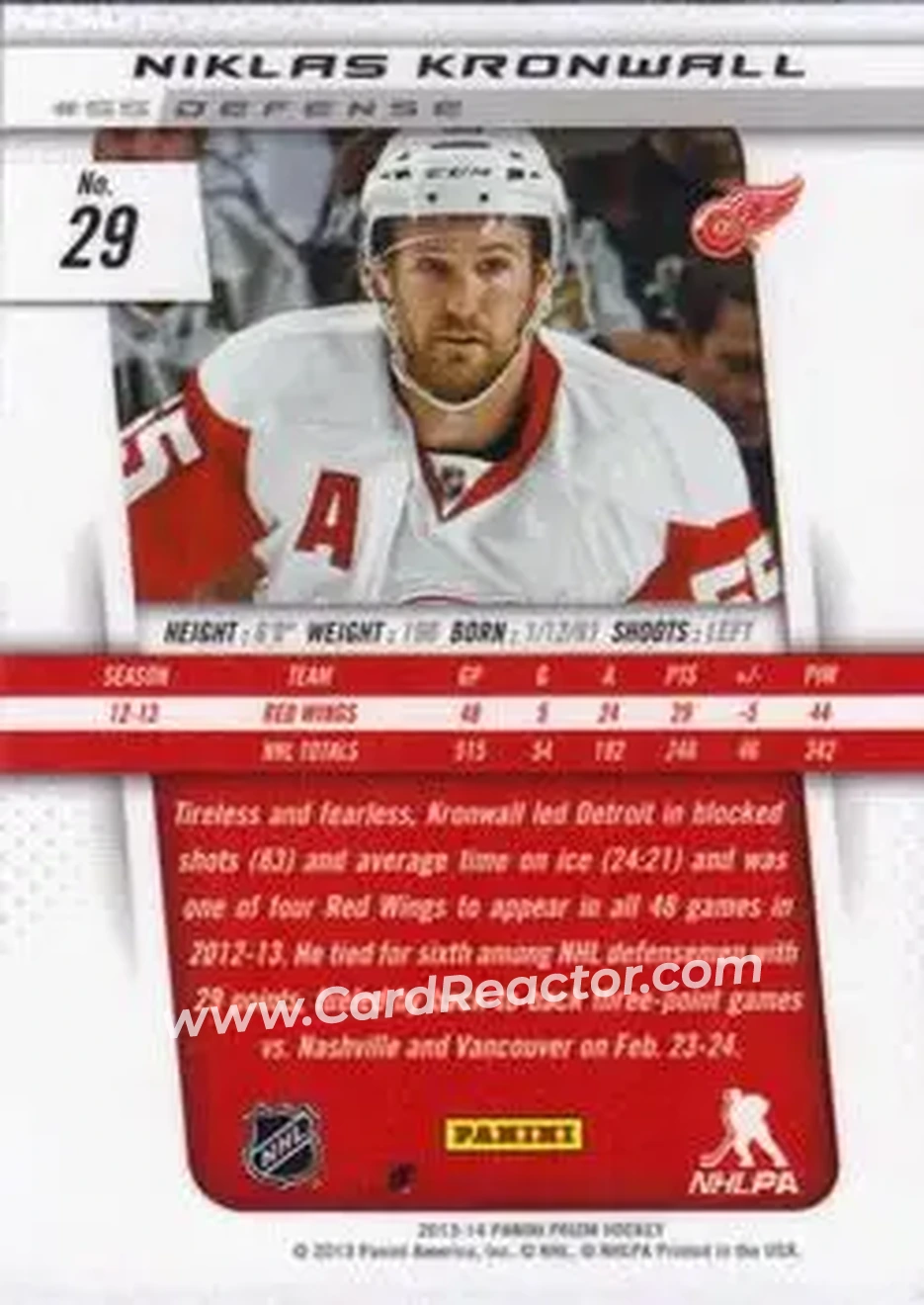 2013-14 Panini Prizm #29 - Niklas Kronwall - Detroit Red Wings - Back