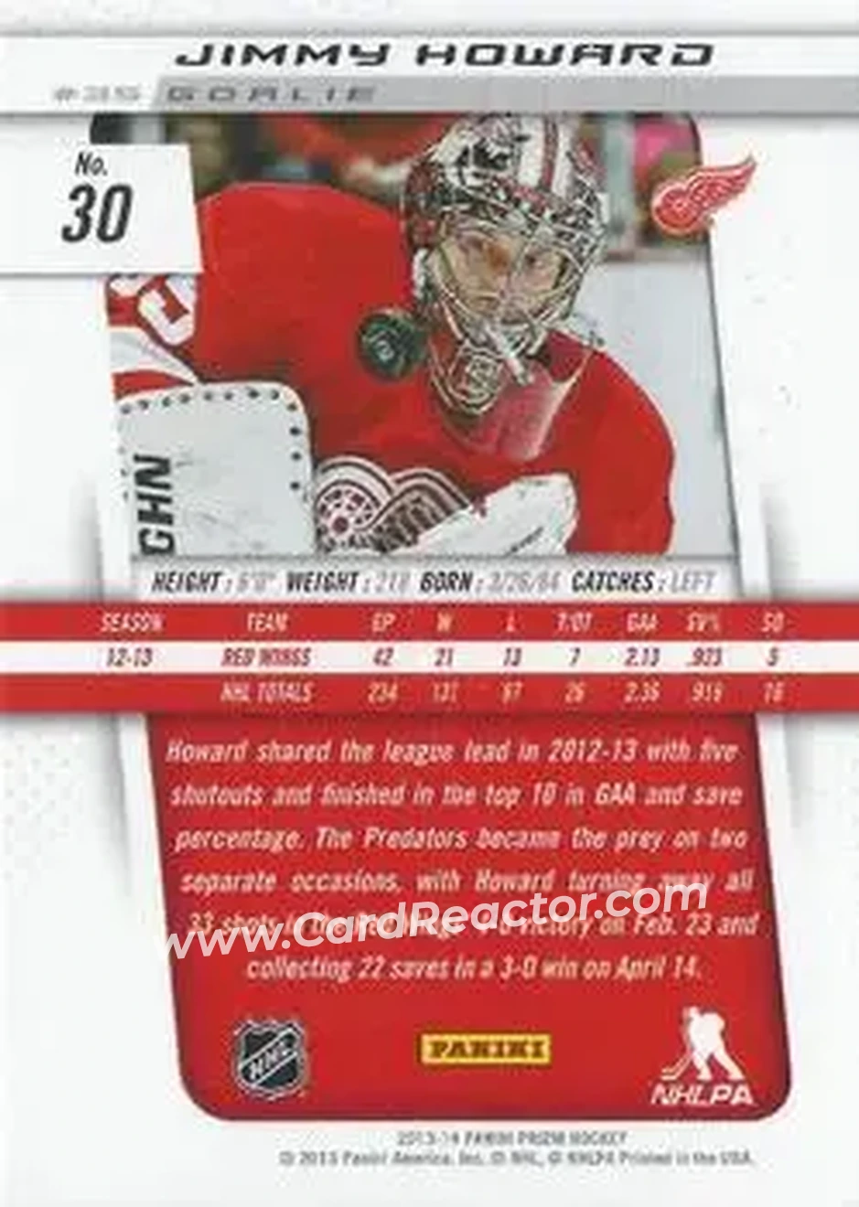 2013-14 Panini Prizm #30 - Jimmy Howard - Detroit Red Wings - Back