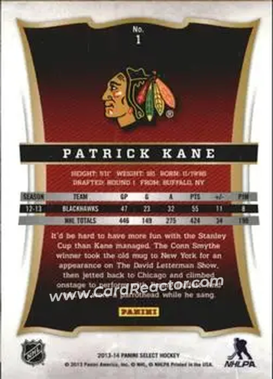 2013-14 Panini Select #1 - Patrick Kane - Chicago Blackhawks - Back