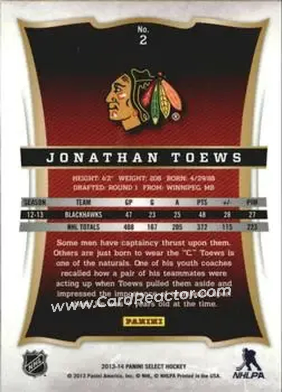 2013-14 Panini Select #2 - Jonathan Toews - Chicago Blackhawks - Back