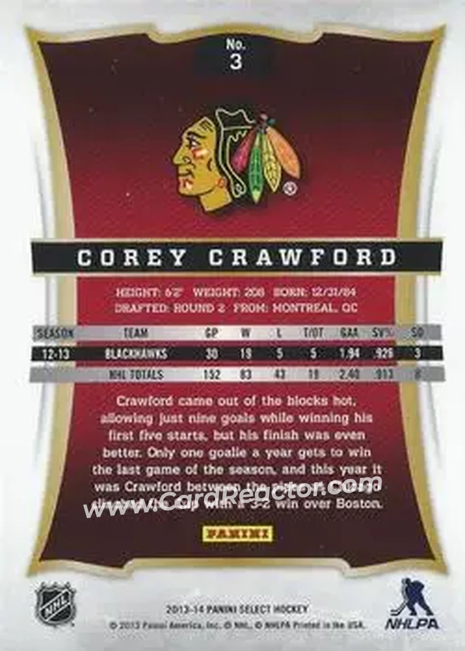 2013-14 Panini Select #3 - Corey Crawford - Chicago Blackhawks - Back