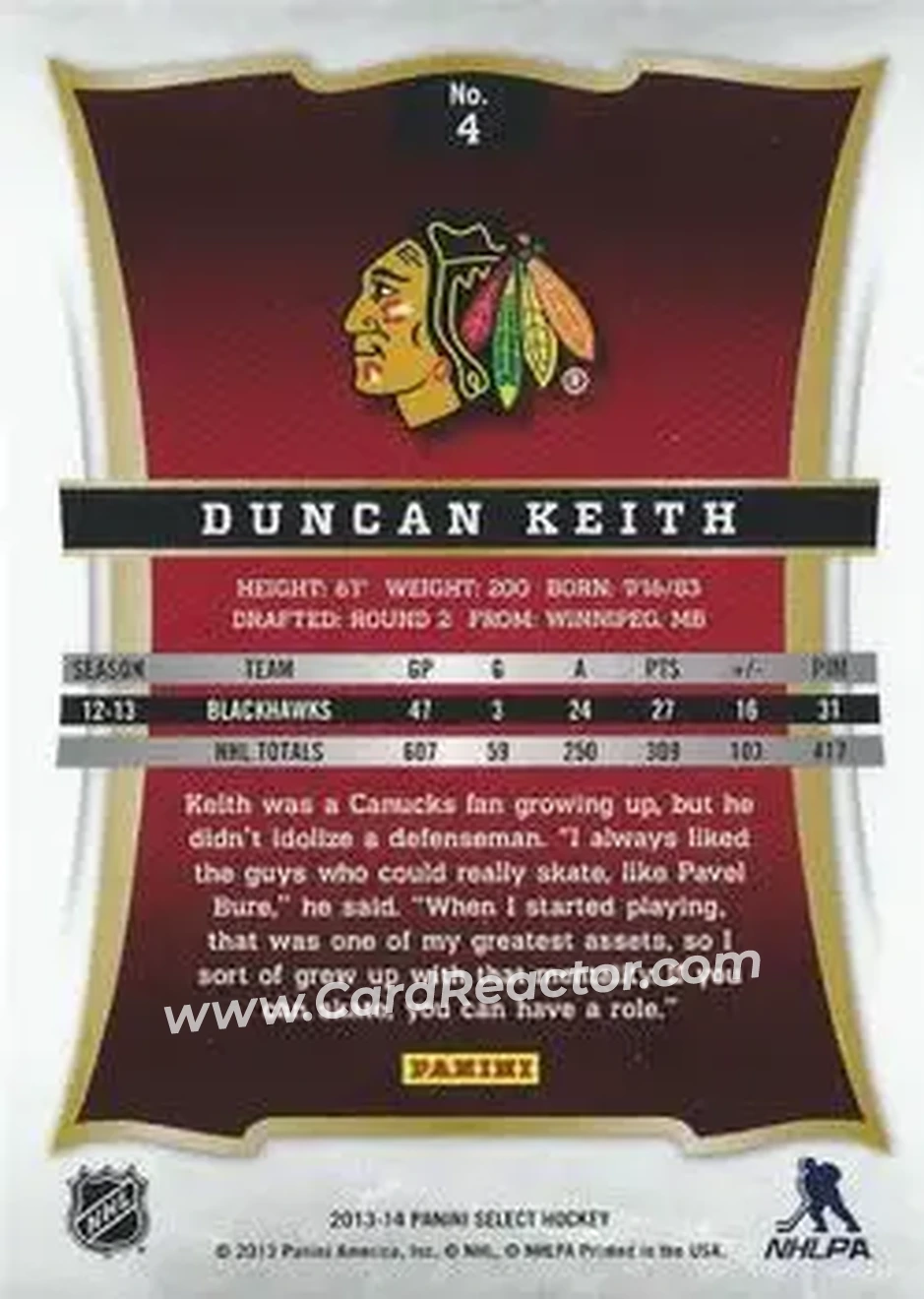 2013-14 Panini Select #4 - Duncan Keith - Chicago Blackhawks - Back