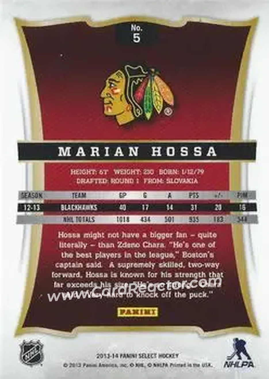 2013-14 Panini Select #5 - Marian Hossa - Chicago Blackhawks - Back 2013-14 Panini Select #5 - Marian Hossa - Chicago Blackhawks - Back
