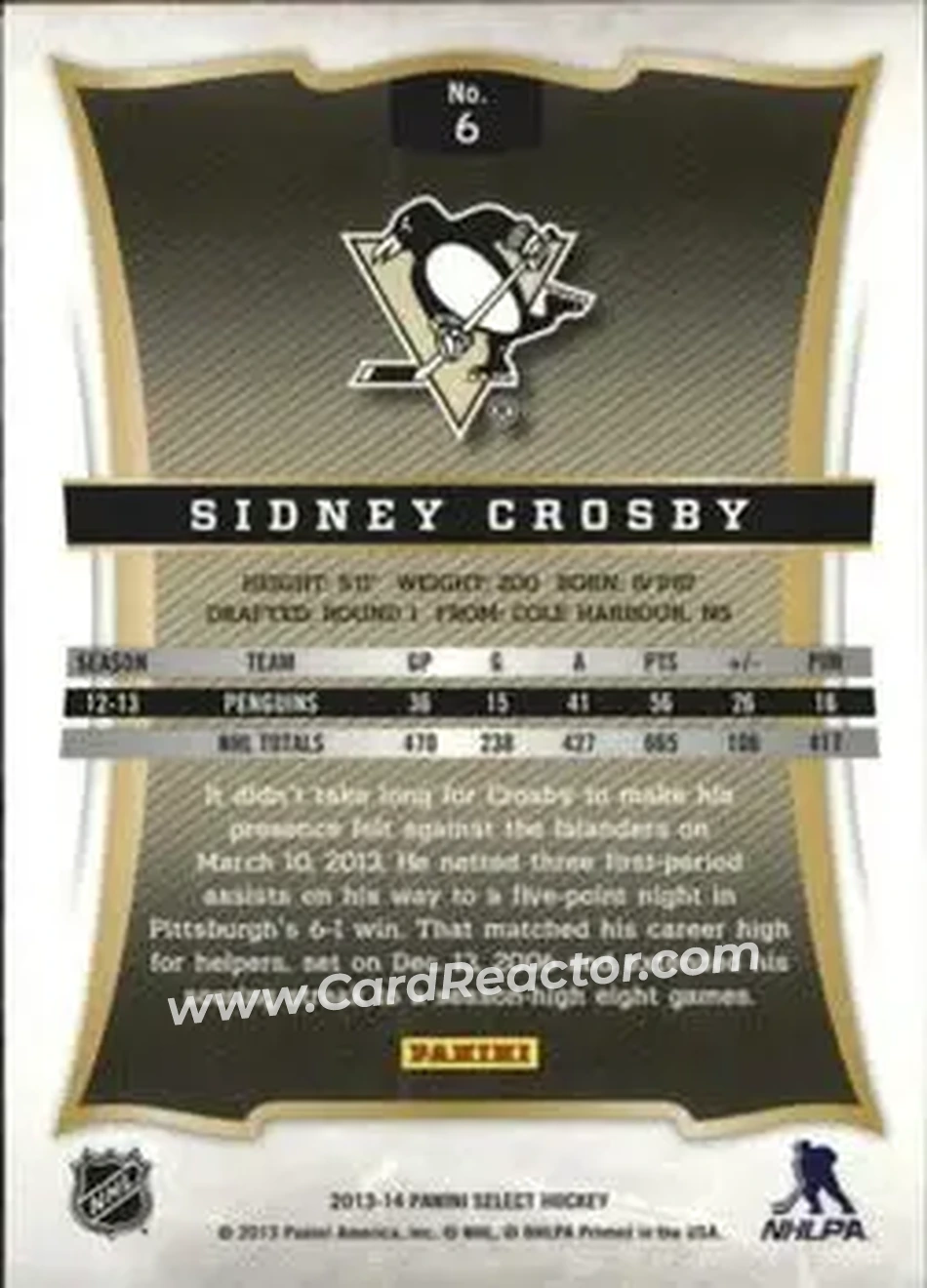 2013-14 Panini Select #6 - Sidney Crosby - Pittsburgh Penguins - Back 2013-14 Panini Select #6 - Sidney Crosby - Pittsburgh Penguins - Back