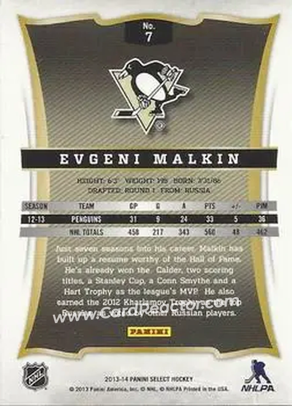 2013-14 Panini Select #7 - Evgeni Malkin - Pittsburgh Penguins - Back