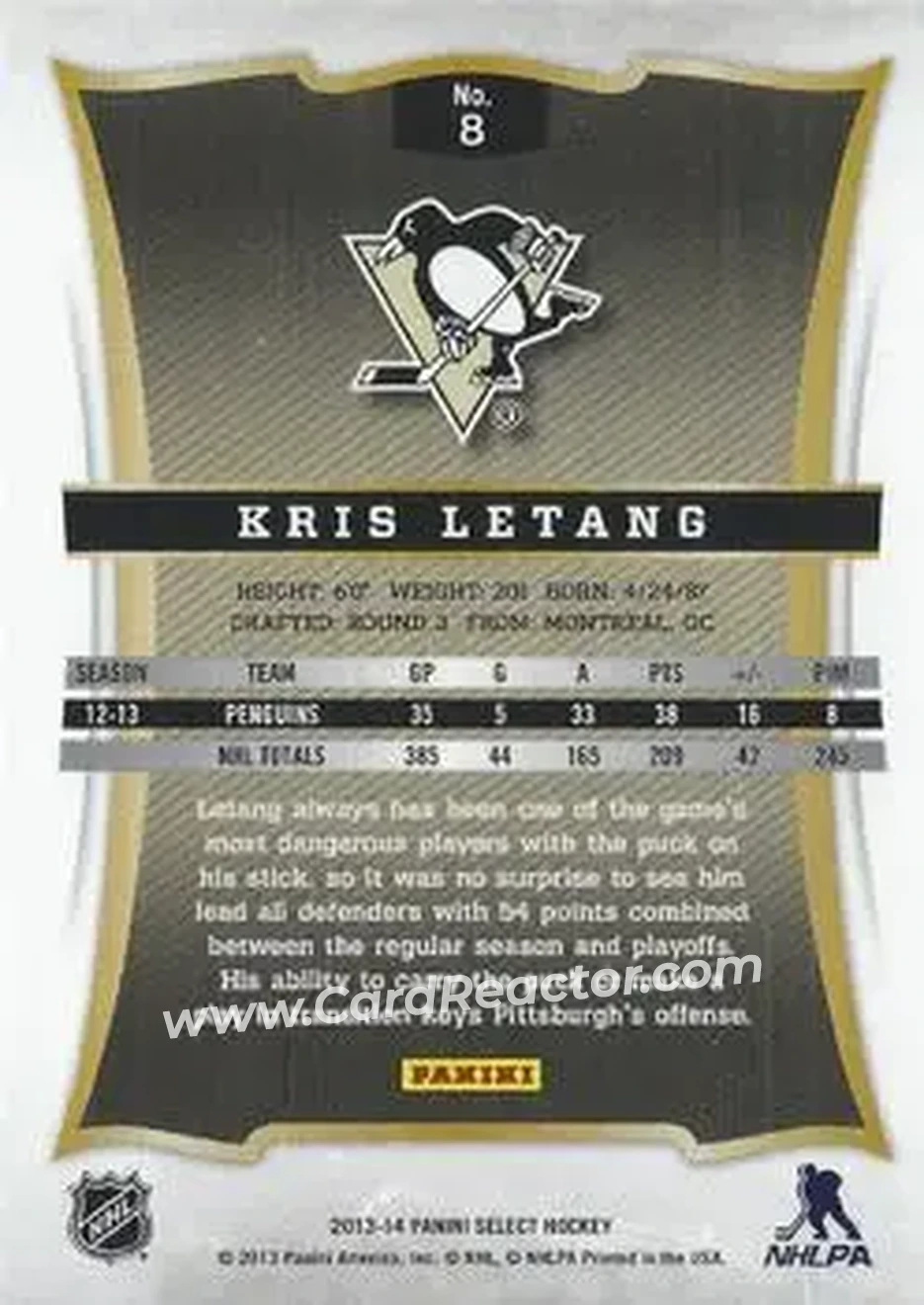 2013-14 Panini Select #8 - Kris Letang - Pittsburgh Penguins - Back 2013-14 Panini Select #8 - Kris Letang - Pittsburgh Penguins - Back