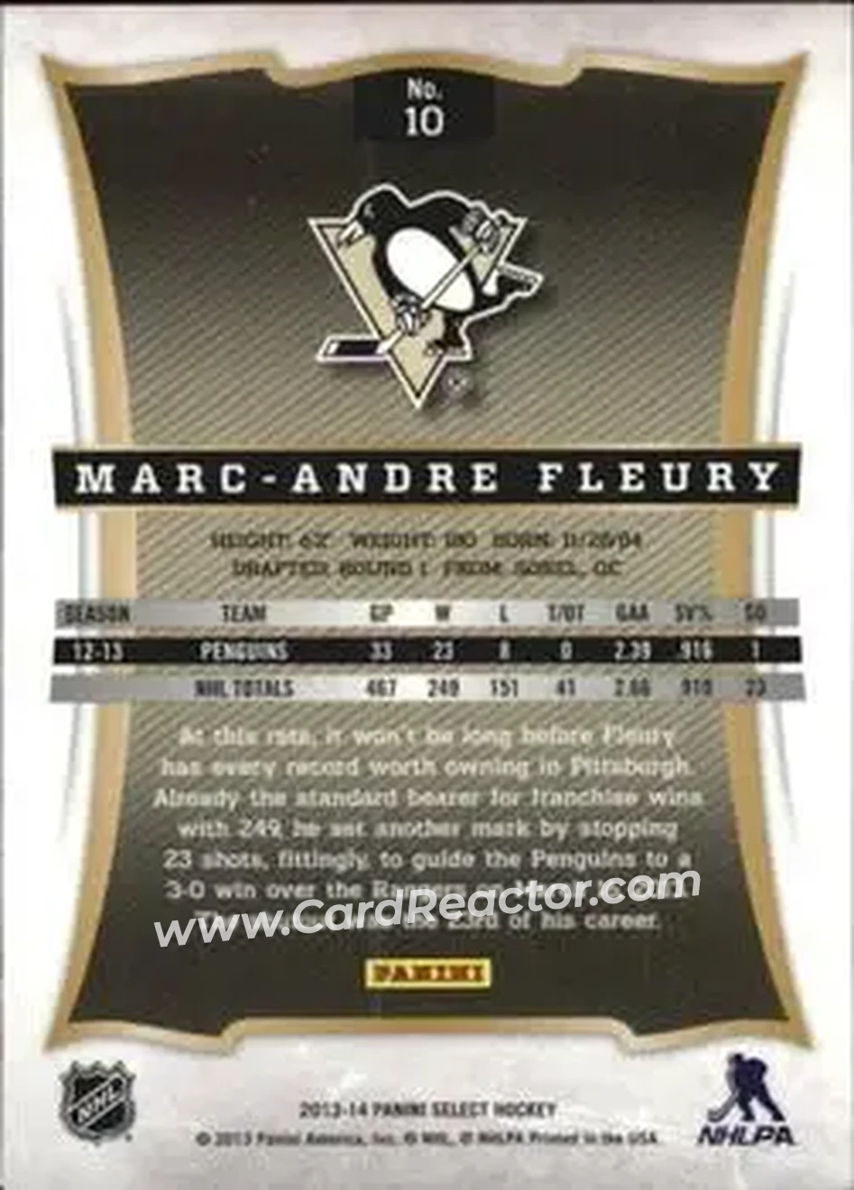 2013-14 Panini Select #10 - Marc-Andre Fleury - Pittsburgh Penguins - Back