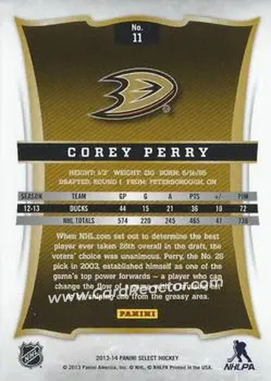 2013-14 Panini Select #11 - Corey Perry - Anaheim Ducks - Back 2013-14 Panini Select #11 - Corey Perry - Anaheim Ducks - Back