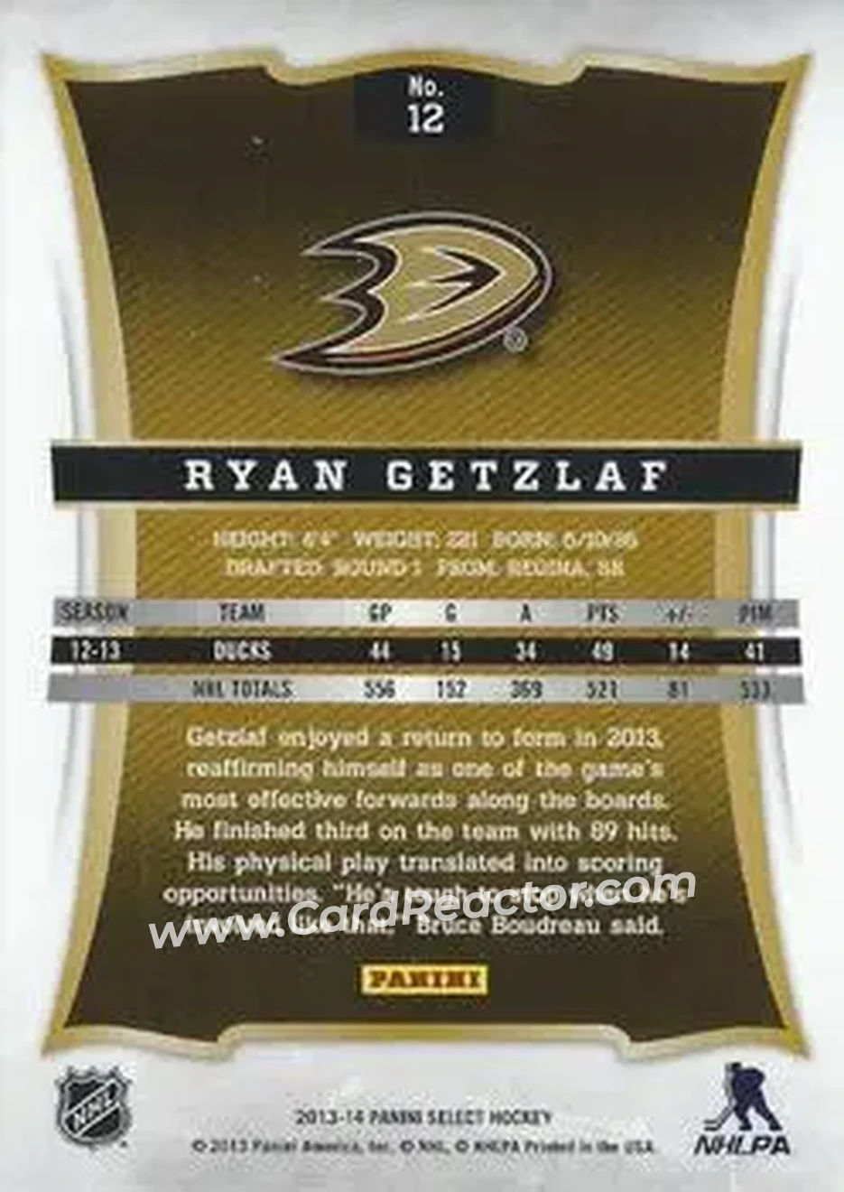 2013-14 Panini Select #12 - Ryan Getzlaf - Anaheim Ducks - Back