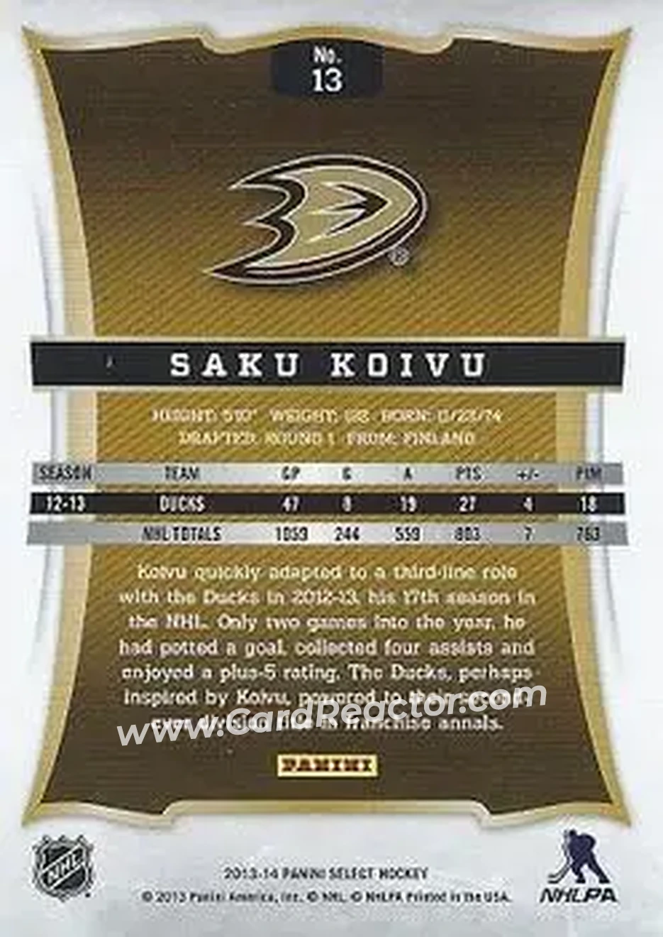 2013-14 Panini Select #13 - Saku Koivu - Anaheim Ducks - Back