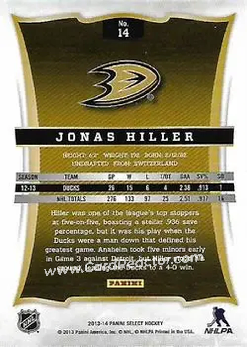 2013-14 Panini Select #14 - Jonas Hiller - Anaheim Ducks - Back