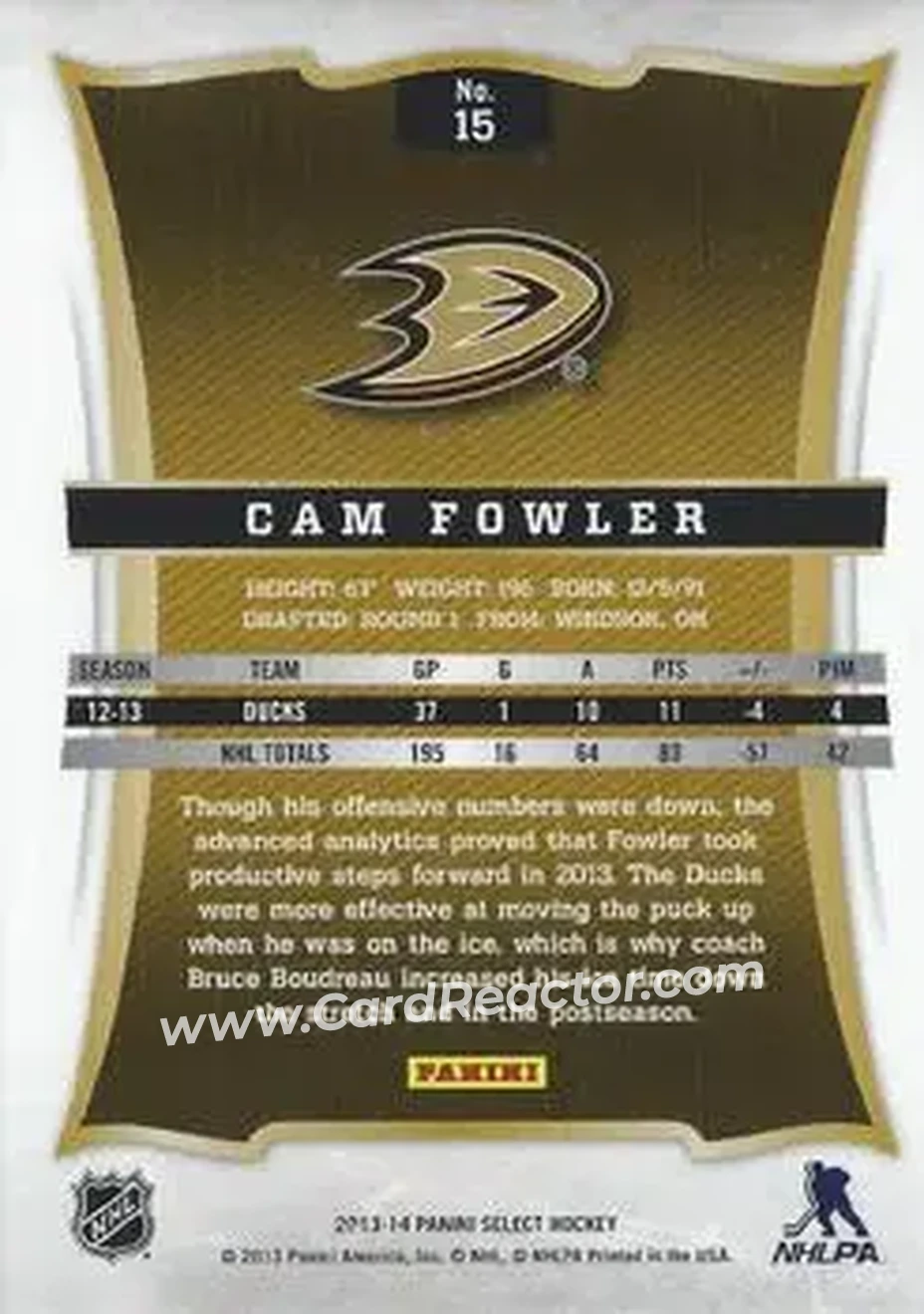 2013-14 Panini Select #15 - Cam Fowler - Anaheim Ducks - Back