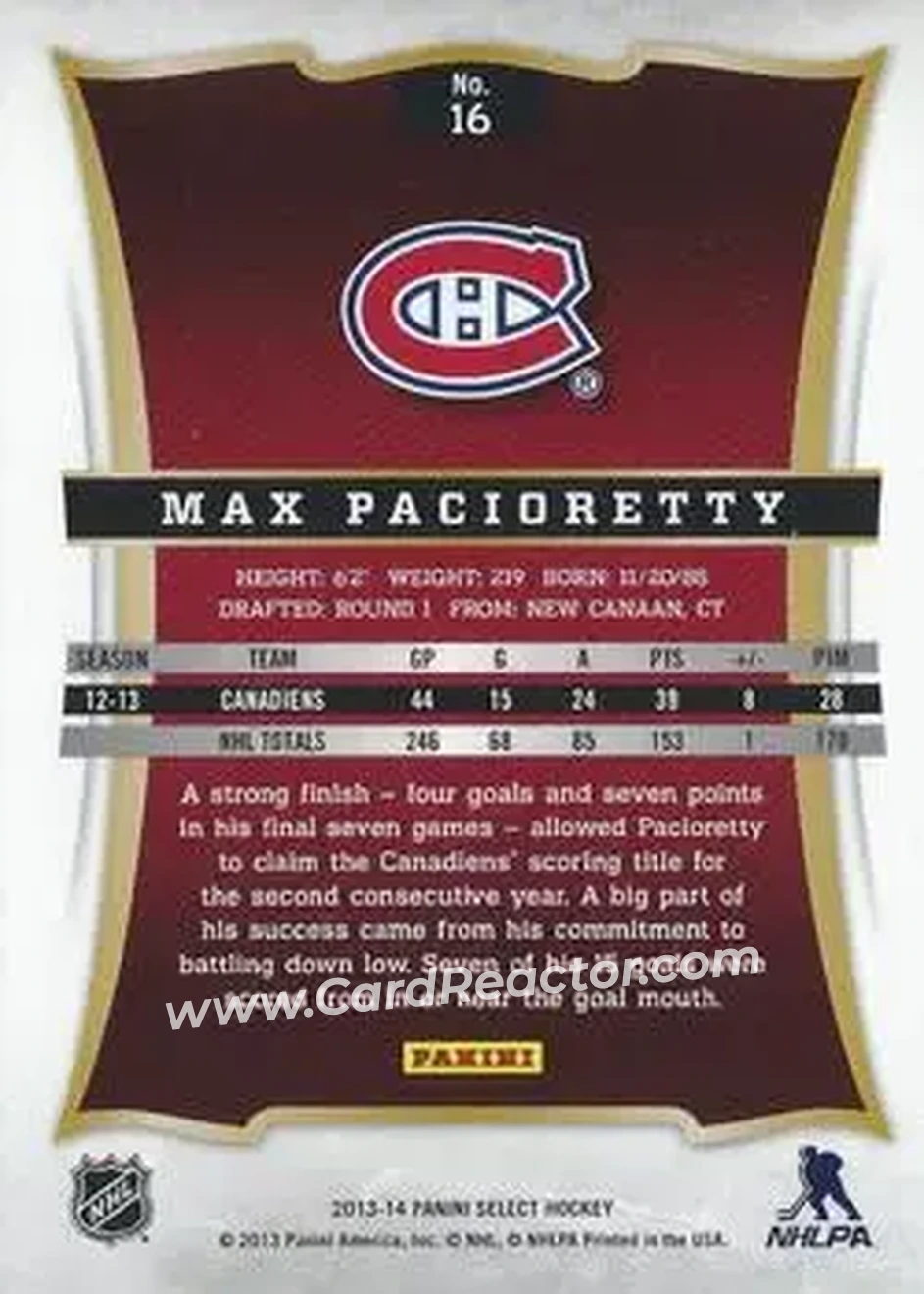 2013-14 Panini Select #16 - Max Pacioretty - Montreal Canadiens - Back