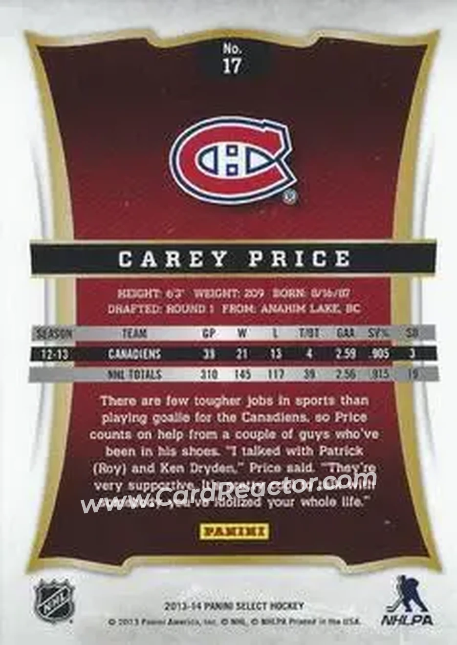 2013-14 Panini Select #17 - Carey Price - Montreal Canadiens - Back