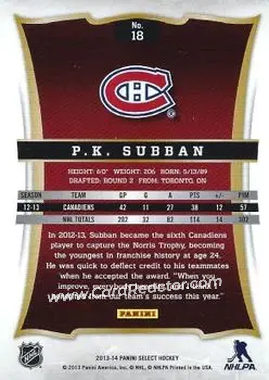 2013-14 Panini Select #18 - P.K. Subban - Montreal Canadiens - Back