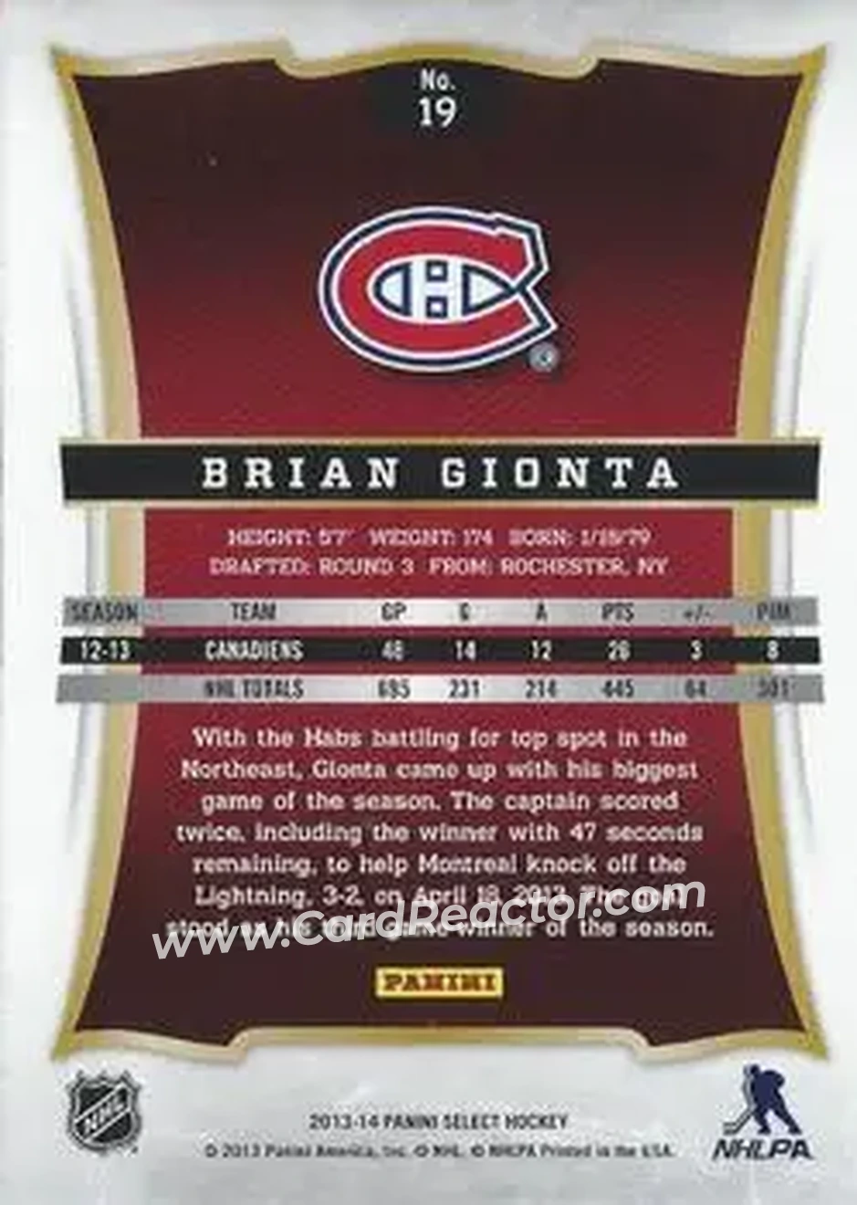 2013-14 Panini Select #19 - Brian Gionta - Montreal Canadiens - Back 2013-14 Panini Select #19 - Brian Gionta - Montreal Canadiens - Back