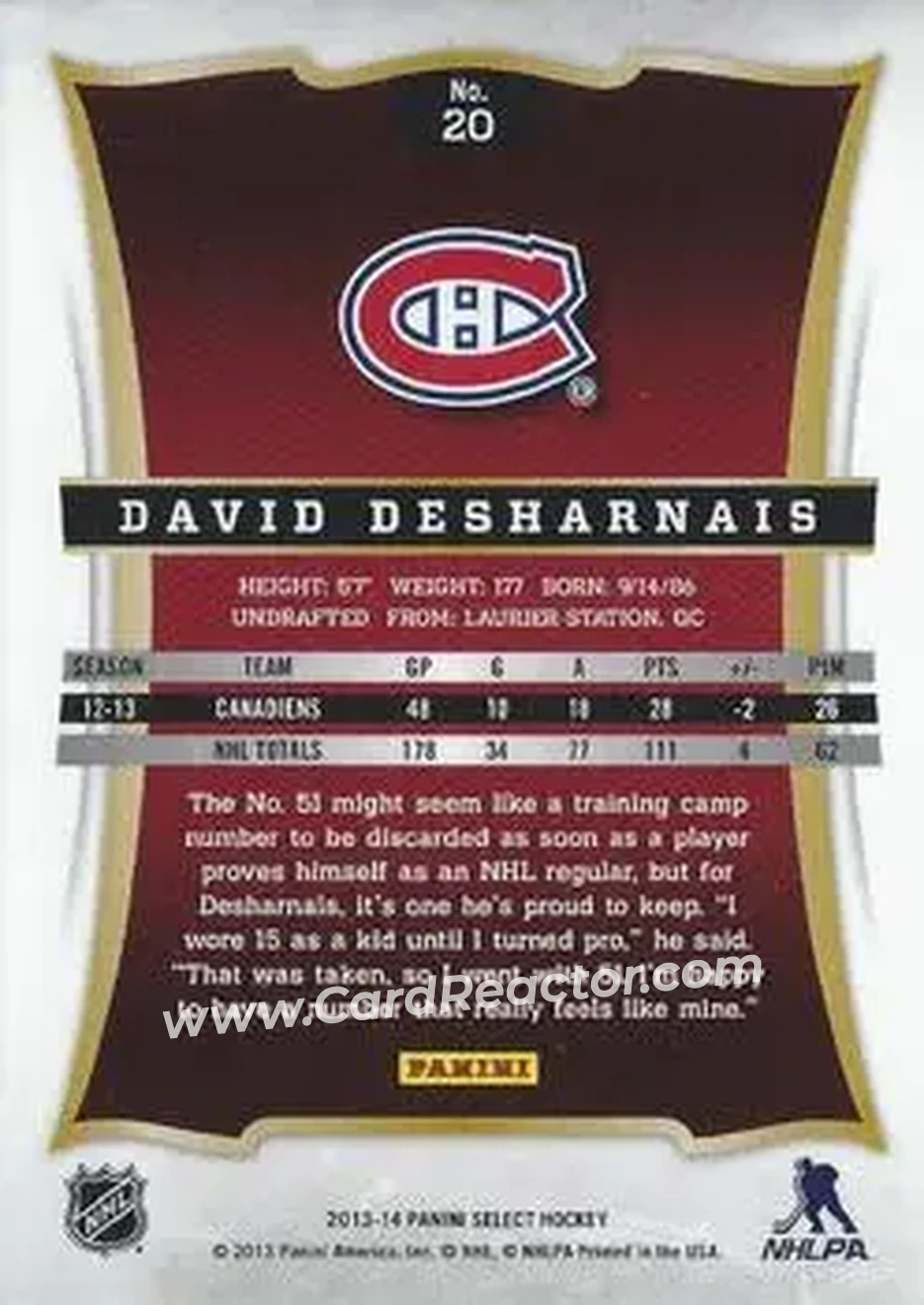 2013-14 Panini Select #20 - David Desharnais - Montreal Canadiens - Back