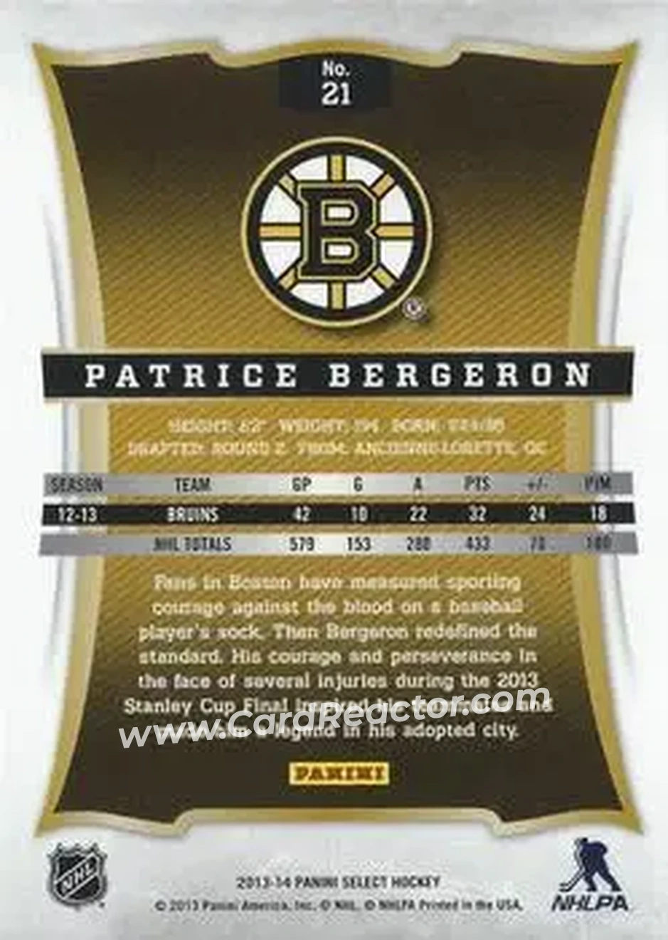 2013-14 Panini Select #21 - Patrice Bergeron - Boston Bruins - Back
