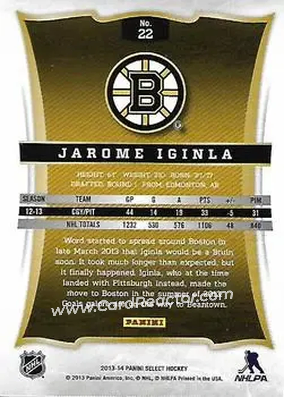 2013-14 Panini Select #22 - Jarome Iginla - Boston Bruins - Back