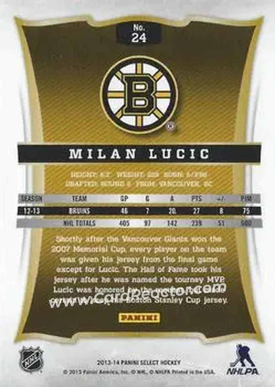 2013-14 Panini Select #24 - Milan Lucic - Boston Bruins - Back