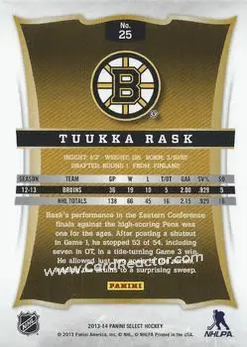 2013-14 Panini Select #25 - Tuukka Rask - Boston Bruins - Back